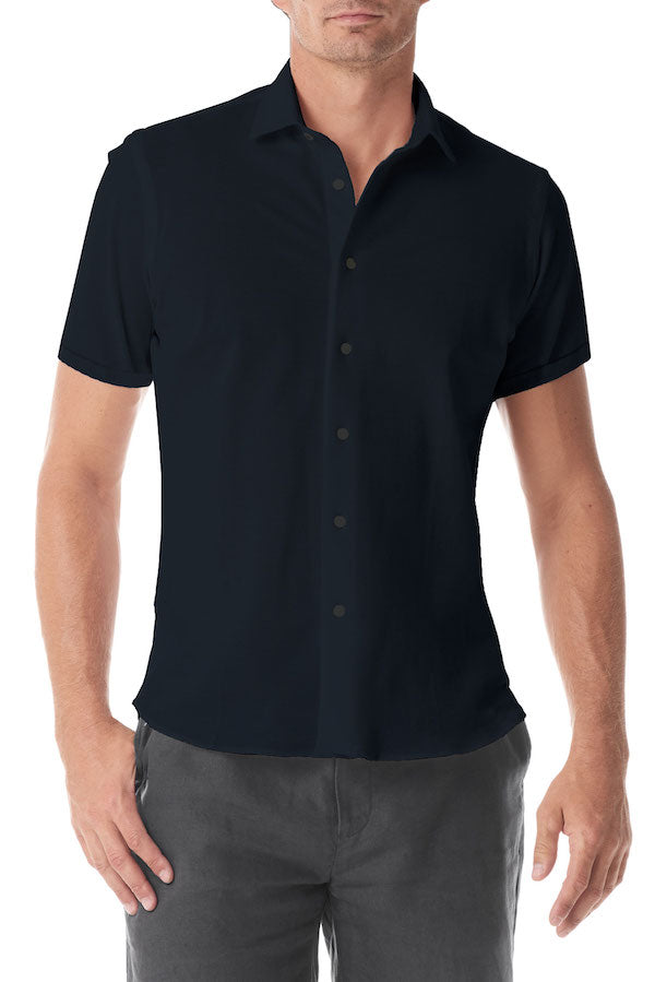 Navy Pique Short Sleeve Button Up - SCARCI