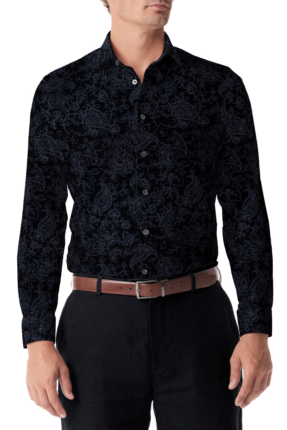 Black Paisley Stretch Knit Button Up by SCARCI Italian Wear