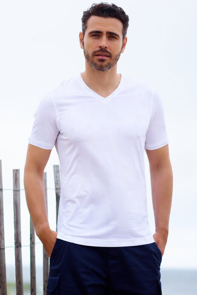 White Hatched Texture V Neck - SCARCI